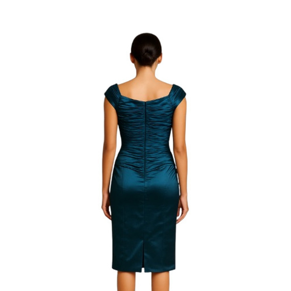 Tadashi Shoji Ruched Sheath Dress Teal Blue Sheen Asymmetrical Cap Sleeve 14 - Picture 4 of 17